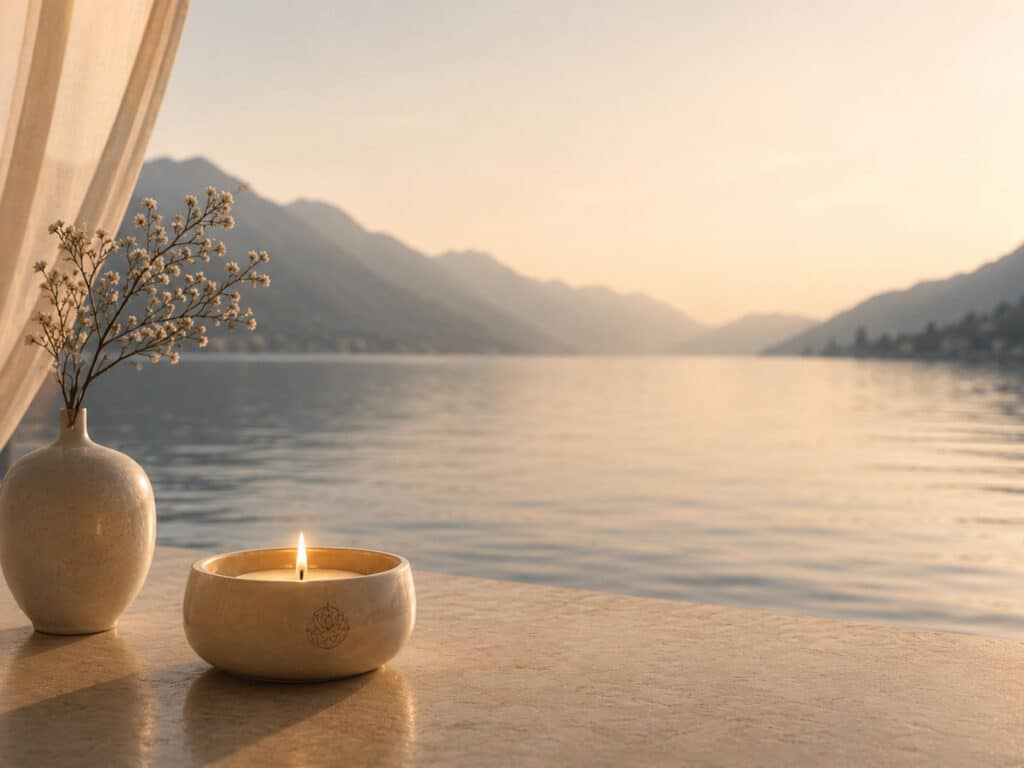 Tenda leggera aperta sul Lago di Garda, con candela accesa e vaso dai toni naturali, simbolo di presenza, consapevolezza e preparazione interiore nel percorso tantrico