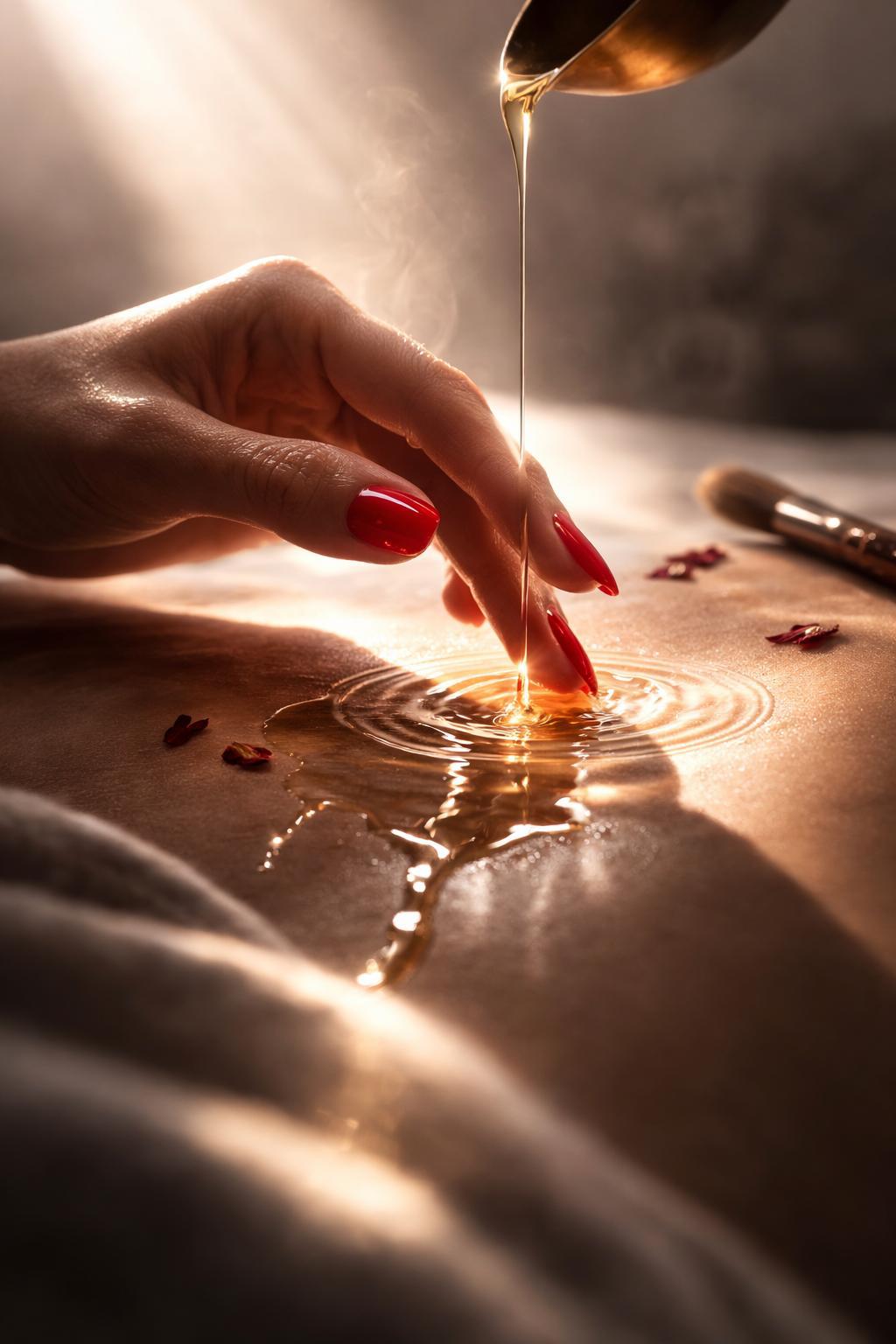 Applicazione di olio durante un rituale di presenza e cura del corpo