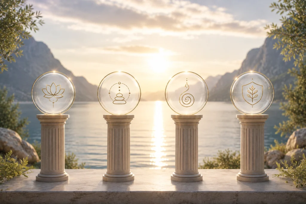 Quattro pilastri della maestria interiore rappresentati da simboli energetici in un paesaggio naturale sul Lago di Garda