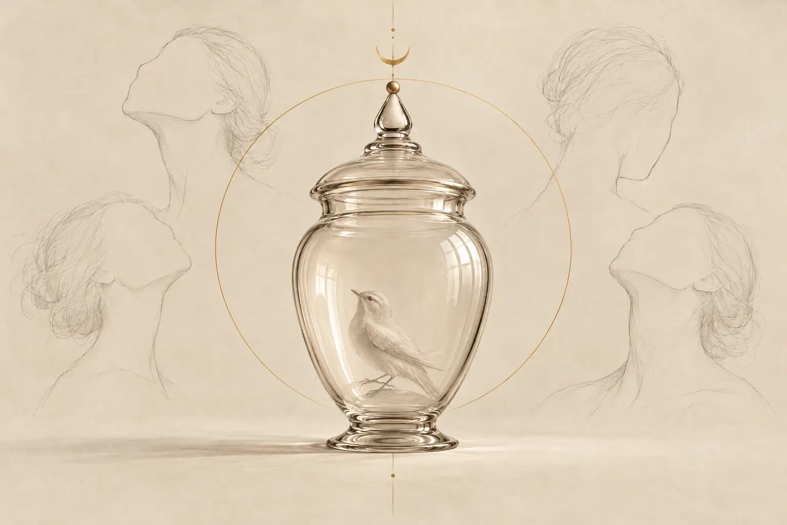 Uccello in vaso con silhouette femminili