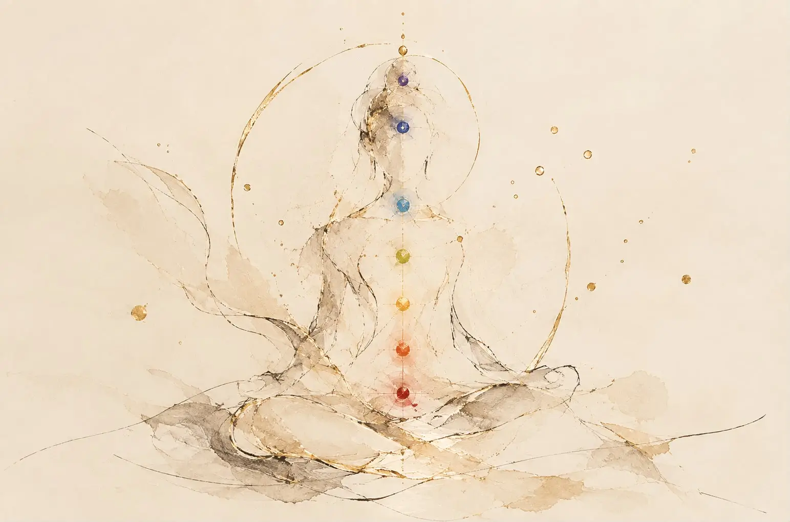 Meditazione con chakra colorati visibili.